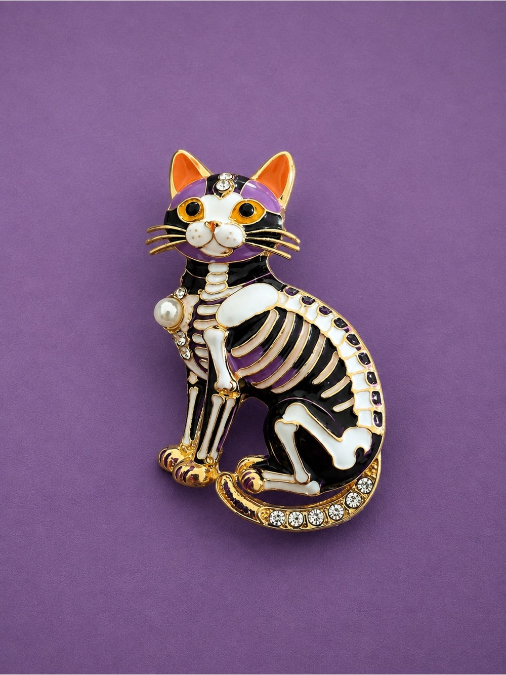 Skeleton Cat Brooch Pin Black White Purple Enamel Rhinestone Gold Tone Halloween